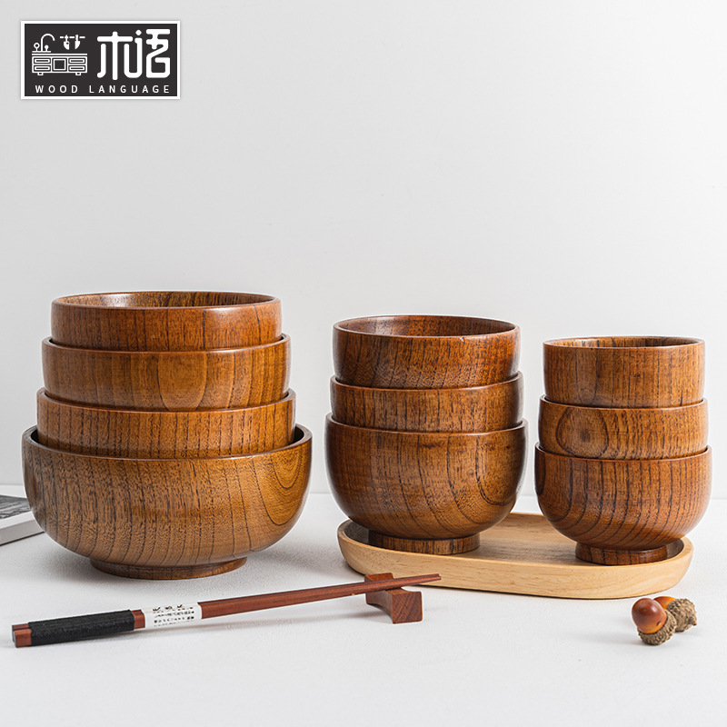 Japanese-style bowl factory wholesale popular wood bowl household sour jujube wood round rice bowl multi sizes support logo