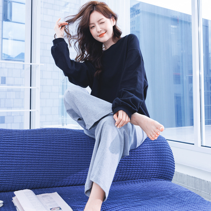 Directo de fábrica primavera y otoño pijamas de algodón puro con almohadilla en el pecho cuello redondo de las mujeres linterna manga de dos piezas sueltas adelgazamiento desgaste del hogar