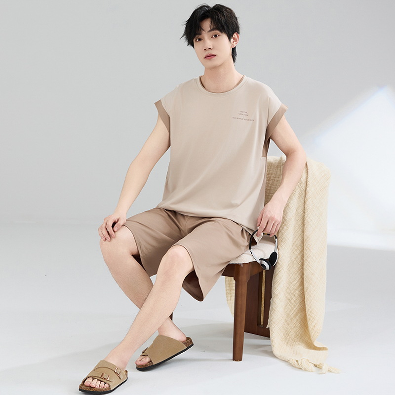 Pijamas Chaleco para hombre Verano sin mangas Pantalones cortos para hombre Simple Adolescente Verano fresco Cool Algodón Conjunto de ropa para el hogar