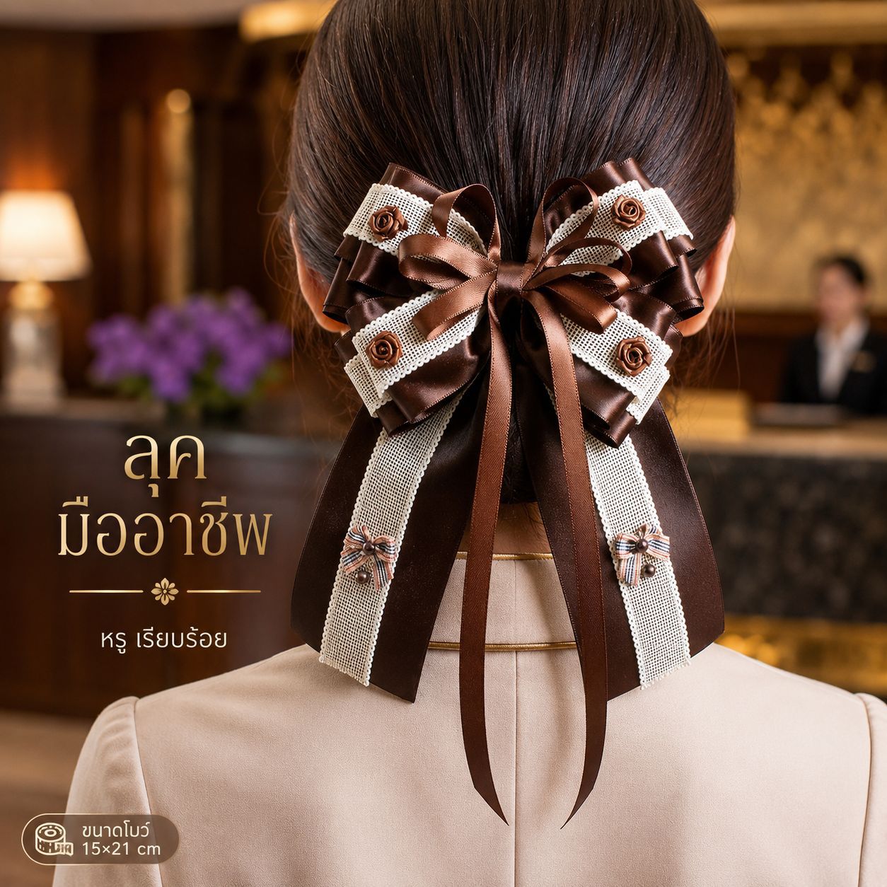 Large bow hair net with tassels, Thai-style women's back-of-the-head hair accessory, professional hair net headpiece