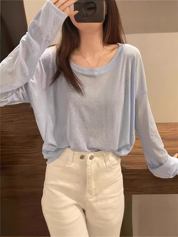 アイスシルクマスク長袖Tシャツレディース夏ミドル丈ゆったり薄手ホリデー日焼け止めブラウス大きいネックライントップ|undefined