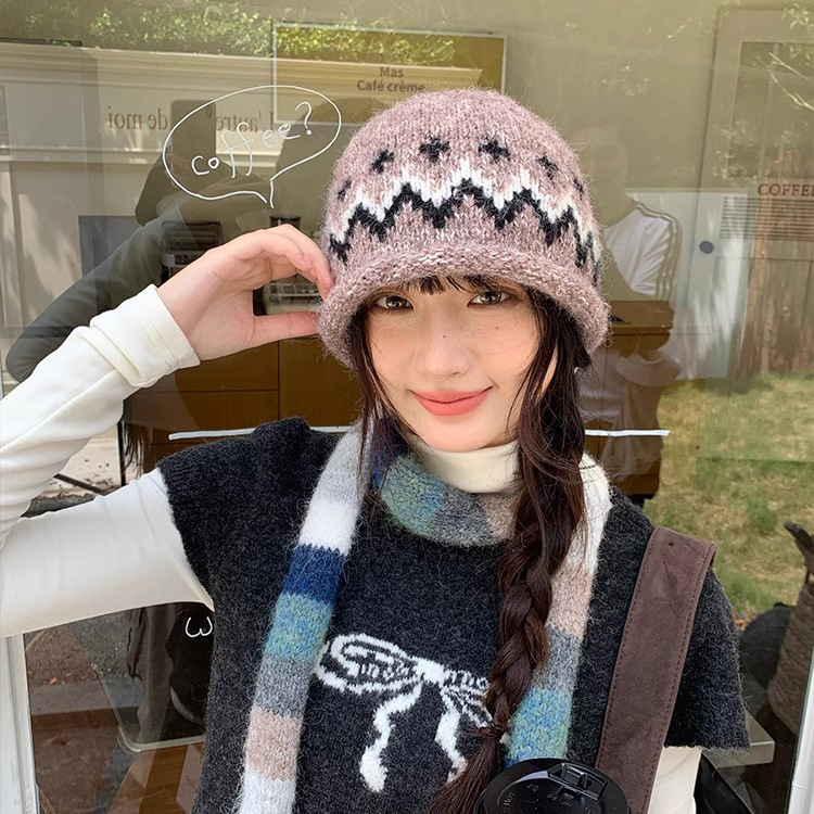 复古提花针织渔夫帽女秋冬费尔岛风保暖套头帽显脸小护耳毛线帽子|undefined