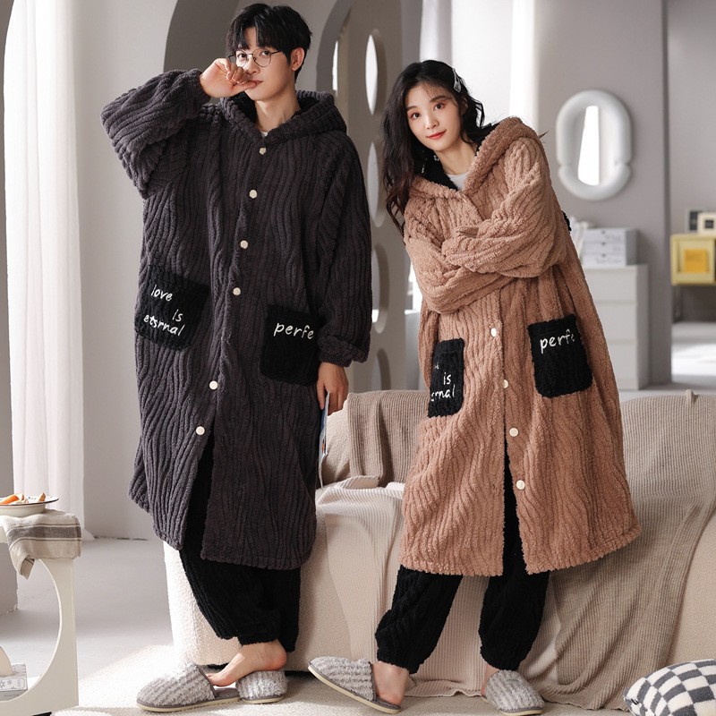 Nightgown Women's Winter Long Coral Fleece fleece-lined Thickened Bathrobe for Couple Flannel Men's Pajamas Winter Home Clothes Outer Wear