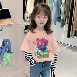 G2533#女童长袖T恤2025春秋季新款儿童上衣中大童假两件纯棉打底
