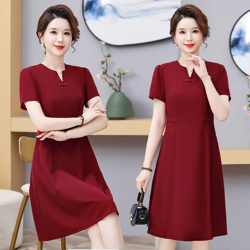 Летнее стильное новое платье в китайском стиле, ретро, ​​высококачественная утягивающая женская элегантная юбка с короткими рукавами для женщин среднего и пожилого возраста