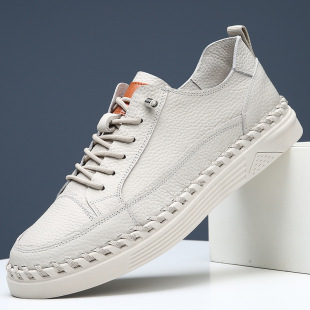 (Patent) Leather Casual Board Shoes Comfortable Men's Shoes Top Layer Cowhide Shoes No Glue Hand-stitched Men's Leather Shoes