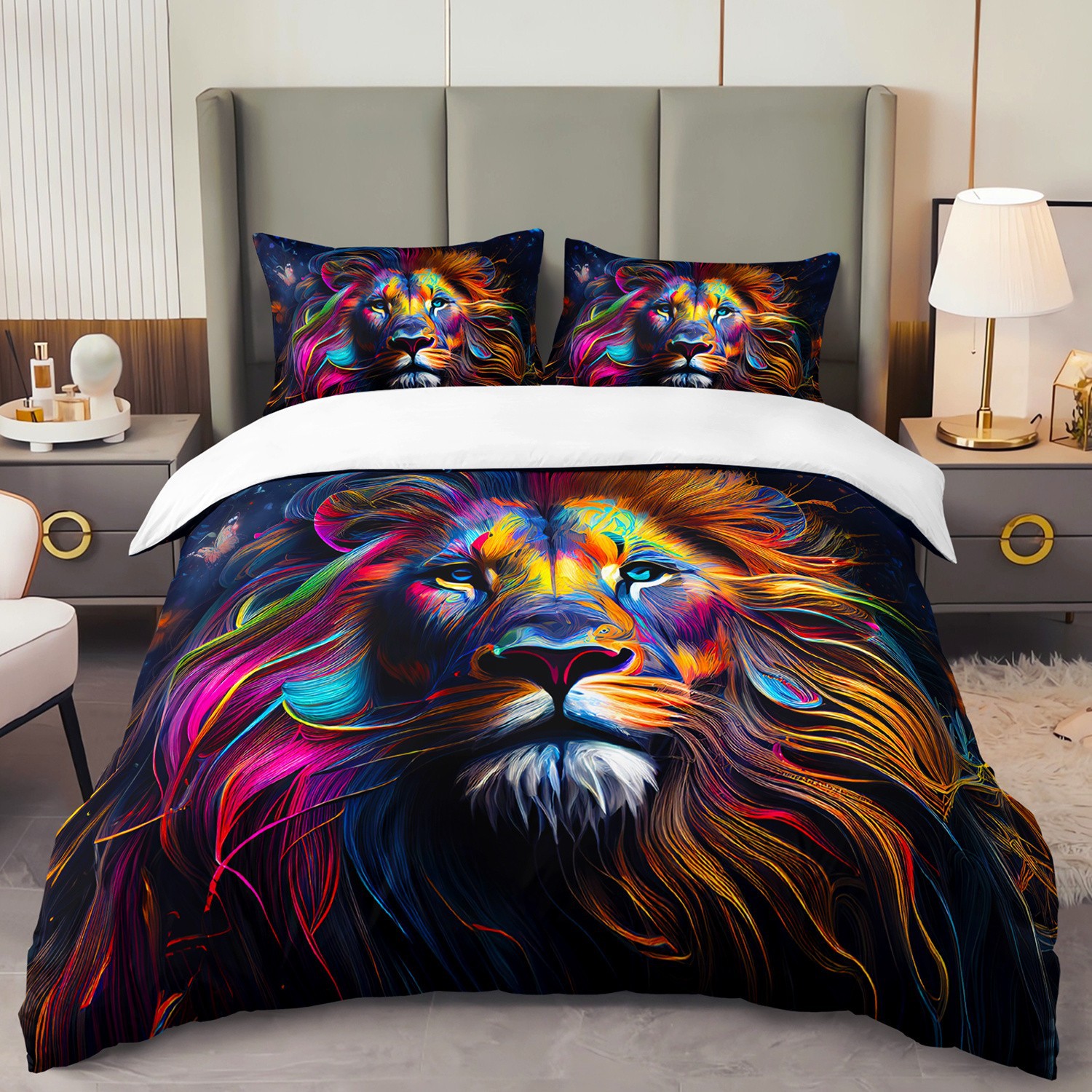 TEMU / JIT textil doméstico molido impresión digital ropa de cama kit león patrón creativo fuente fábrica