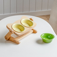 榉木猫架陶瓷猫碗猫咪食盆粮碗饮水碗护颈椎防打翻猫狗食具宠物碗