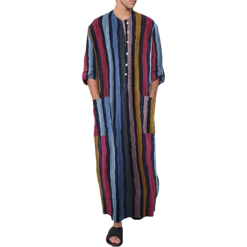 Foreign Trade Spring and Summer New Fashion Long-Sleeved One-Piece Traditional Style Men's Clothing Striped Printed Men's Robe