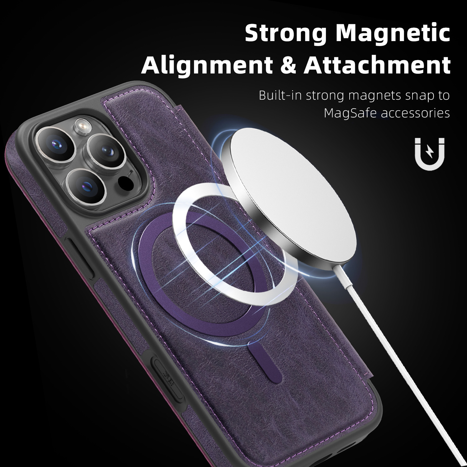Ốp lưng da từ tính có khe đựng thẻ cho iPhone 16 Pro Max, chống sốc — Màu đen, Màu xanh ngọc, Màu cà phê, Xám vàng titan chi tiết 29