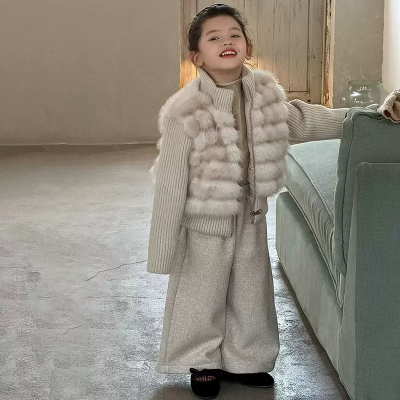 女童秋冬新款套装2025女宝宝洋气仿皮草夹棉外套加绒休闲裤两件套