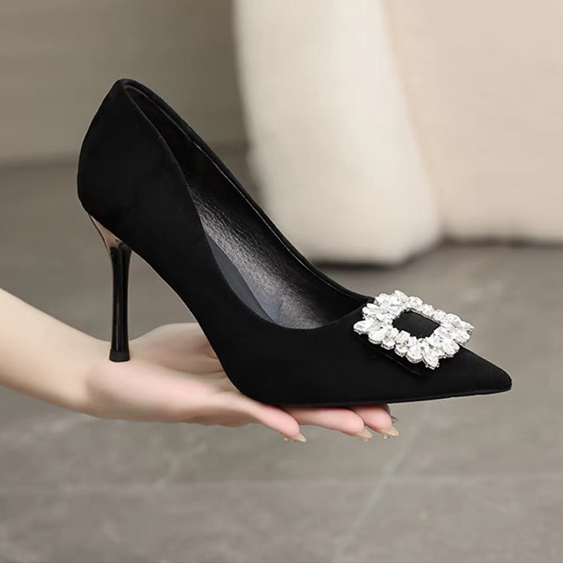 French-Style Rhinestone High Heels with Thin Heels, High-End Black Suede Professional Commuter Shallow-Mouthed Etiquette Shoes, Work Shoes French-Style Rhinestone High Heels with Thin Heels, High-End Black Suede Professional Commuter Shallow-Mouthed Etiquette Shoes, Work Shoes