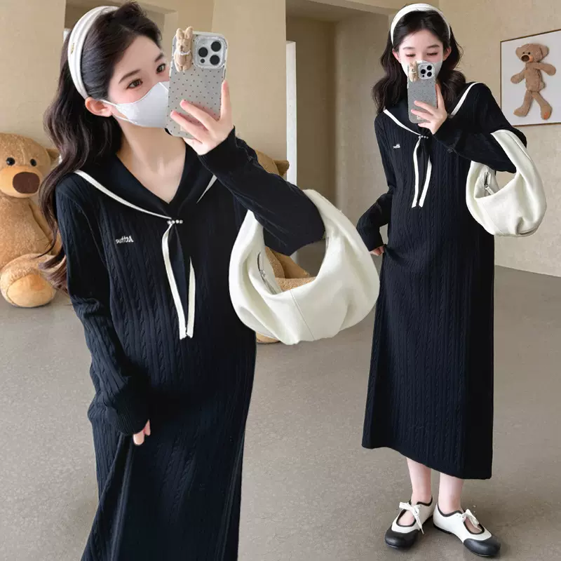 孕妇连衣裙2025秋冬新款减龄显瘦中长款海军领潮妈百搭打底针织裙