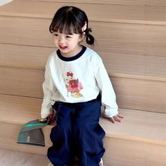 Girls Korean base shirt straight pants 2025 spring new style pastoral and versatile fashion cartoon cat print long sleeves