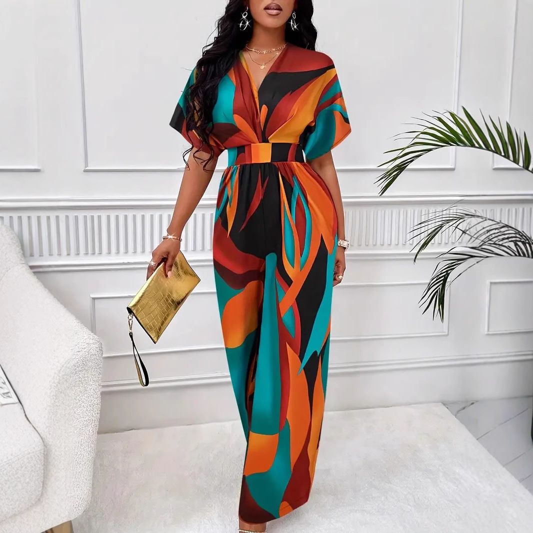 2025 Europe and the United States cross-border women's foreign trade explosions Amazon geometric printed jumpsuit bat sleeve and lace waist