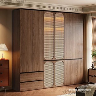 Medieval Style Solid Wood Wardrobe Home Bedroom New Walnut Color Finished Cabinet Rattan Retro Multi-Hanging Coat Wardrobe