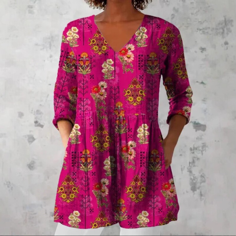 Fashion Foreign Trade Amazon Cross-Border Tops Casual New Style Women's Independent European and American Summer Printed V-Neck