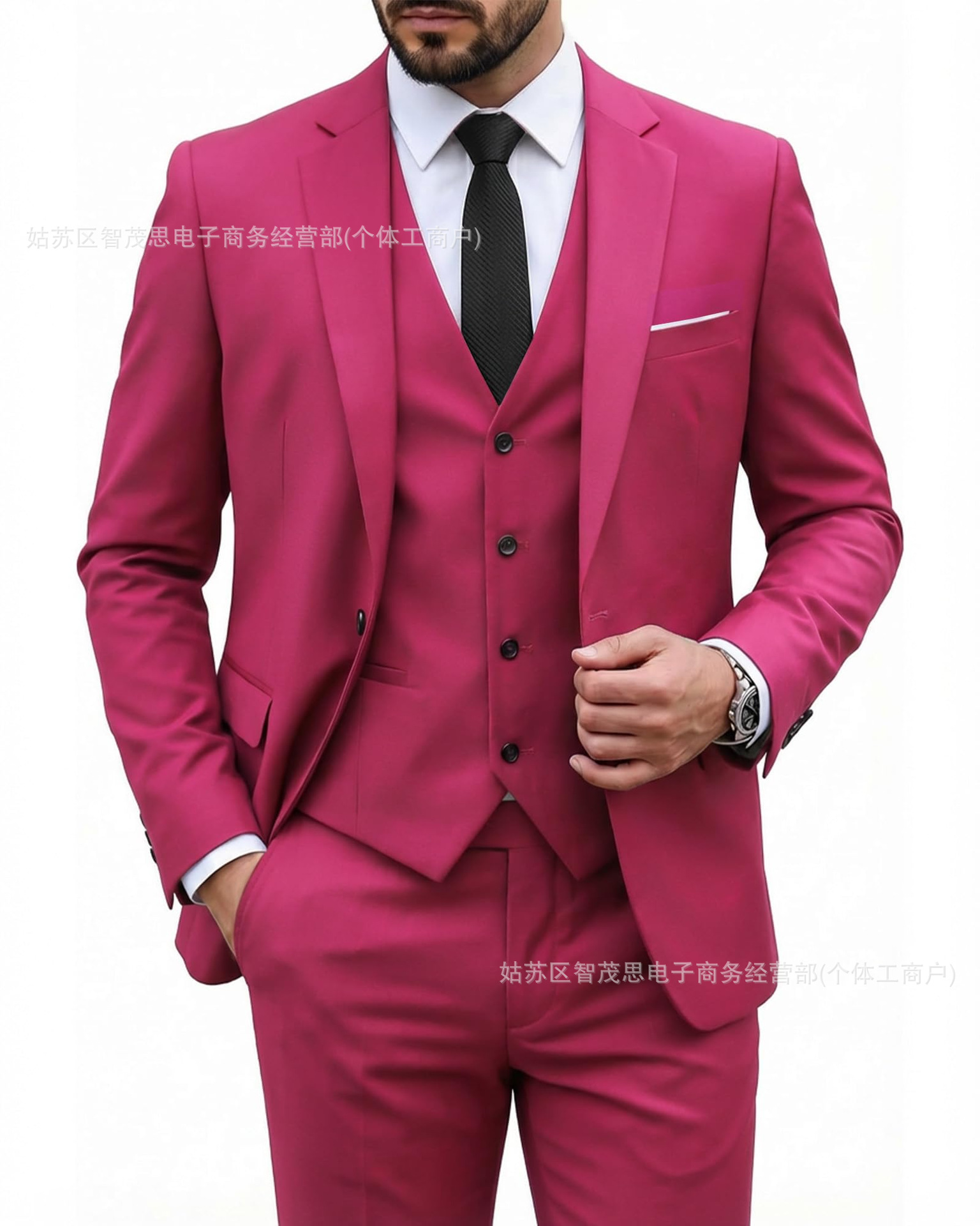 Rose red suit + vest + pants / XS