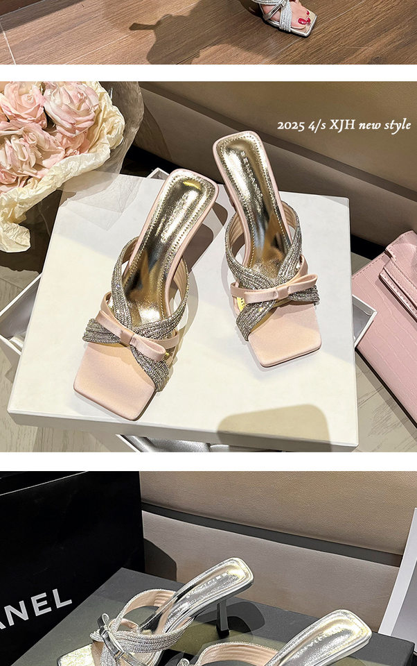 Dép sandal nữ cao gót mũi vuông hở ngón, quai chéo đính đá và nơ, phong cách thanh lịch — Màu bạc, Màu vàng, Màu đen chi tiết 12