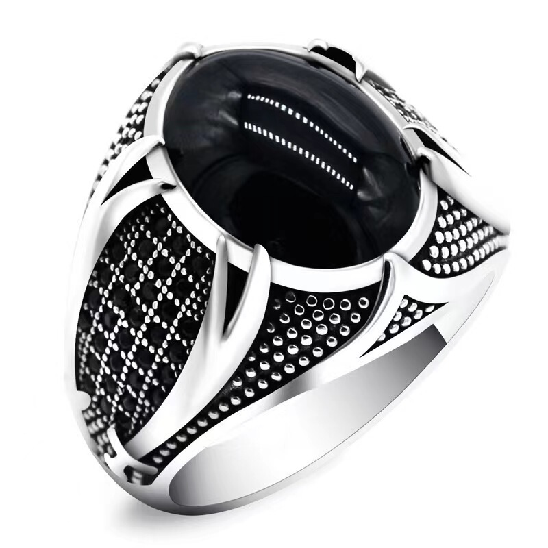 Cross-Border New Supply European and American Personalized Retro Two-Color Men's Ring Export Black Agate Ring Wholesale Cross-Border New Supply European and American Personalized Retro Two-Color Men's Ring Export Black Agate Ring Wholesale