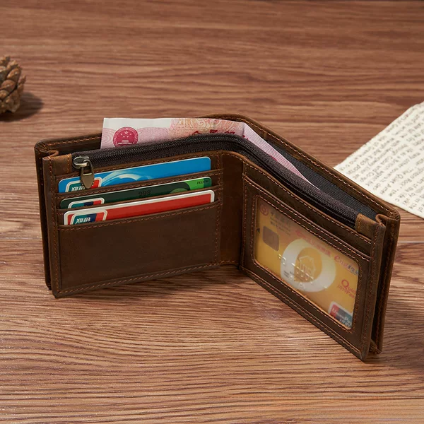 Men's Wallet Foreign Trade Crazy Horse First Layer Cowhide Anti-Magnetic Widened Zipper Coin Genuine Leather Wallet Factory Wholesale
