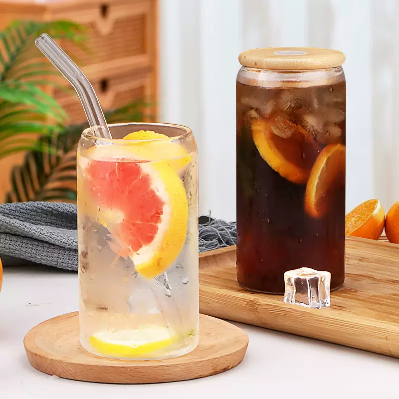 亚马逊可乐杯高硼硅玻璃吸管杯咖啡冷饮杯16盎司带竹盖易拉罐水杯