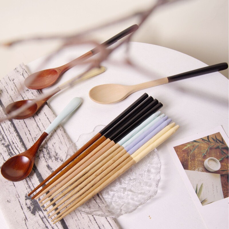 Direct Sale from the Manufacturer: Simple Kitchen Utensils, Japanese Natural Plant-Based Colorful Spoon and Chopstick Set, Japanese-Style Wooden Chopsticks with Square Tips