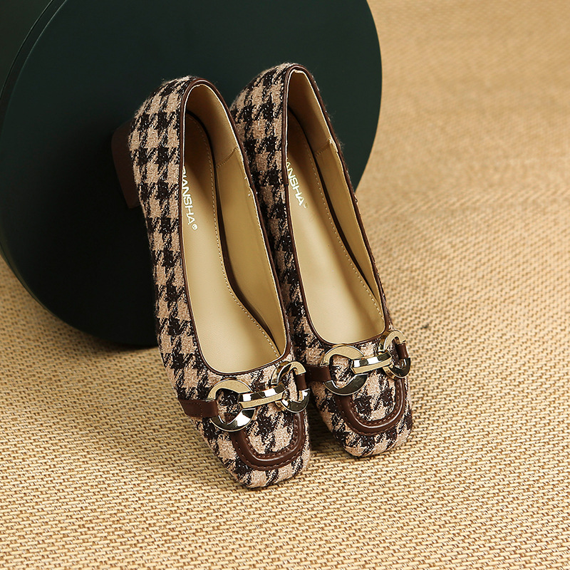 Houndstooth Square Toe Casual Single Shoes Women Summer New Metal Chain Low Heel Shallow Mouth S Soft Bottom Slip On_voghion.com