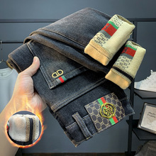 冬季加绒牛仔裤男潮牌高端轻奢印花加厚修身小直筒裤韩版休闲长裤