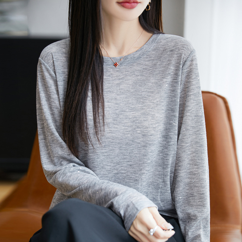一字领新款天丝休闲风烫钻长袖小衫针织女春夏季新款薄款套头衫|undefined