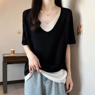 Plus Size Belly-Covering V-Neck Fake Two-Piece Ice Silk Short-Sleeved T-Shirt for Women Summer Fat mm Slimming Look and Flesh-Covering 2025 New Fashion Top