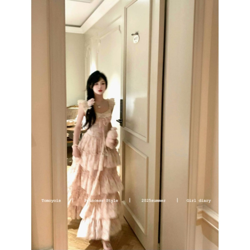 真夏の桜織り花羽絶妙で甘い小さなフライングスリーブ優しい花柄ウエストプリンセスドレス|undefined