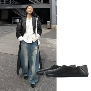 MM6 Same Style Elegant Small Leather Shoes Early Spring New Apple Head Genuine Leather Slip-on Women's Shoes Fashionable Casual Flat Shoes