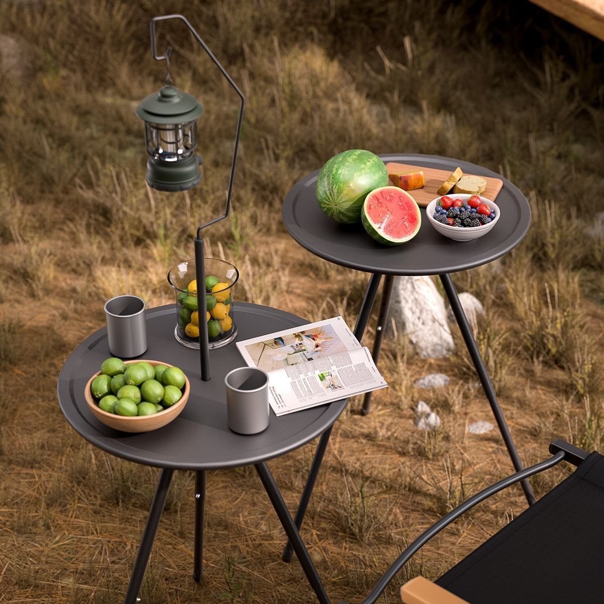 Portable Table, Outdoor Picnic Table, Steel Tube Table Legs, Folding Table, Small Round Table, Liftable Picnic Camping Style with Light Stand