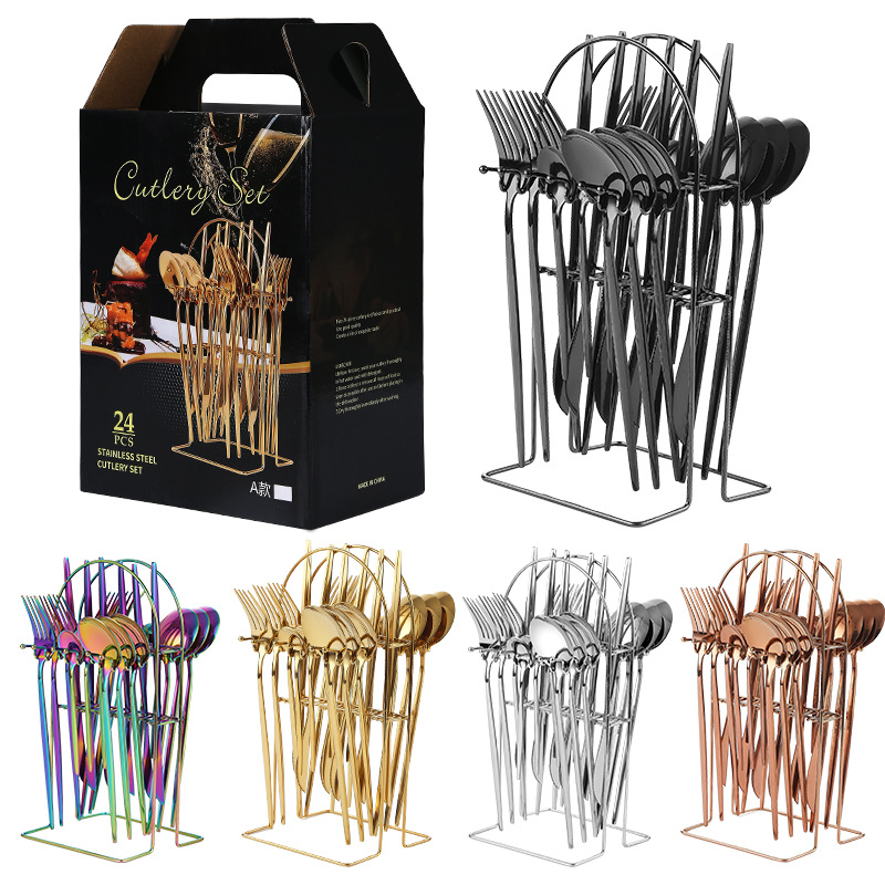 Nuevo cuchillo de vajilla de acero inoxidable transfronterizo, tenedor y cuchara Traje de 24 piezas con soporte de cuchillo, tenedor y cuchara de almacenamiento rack caja de regalo traje