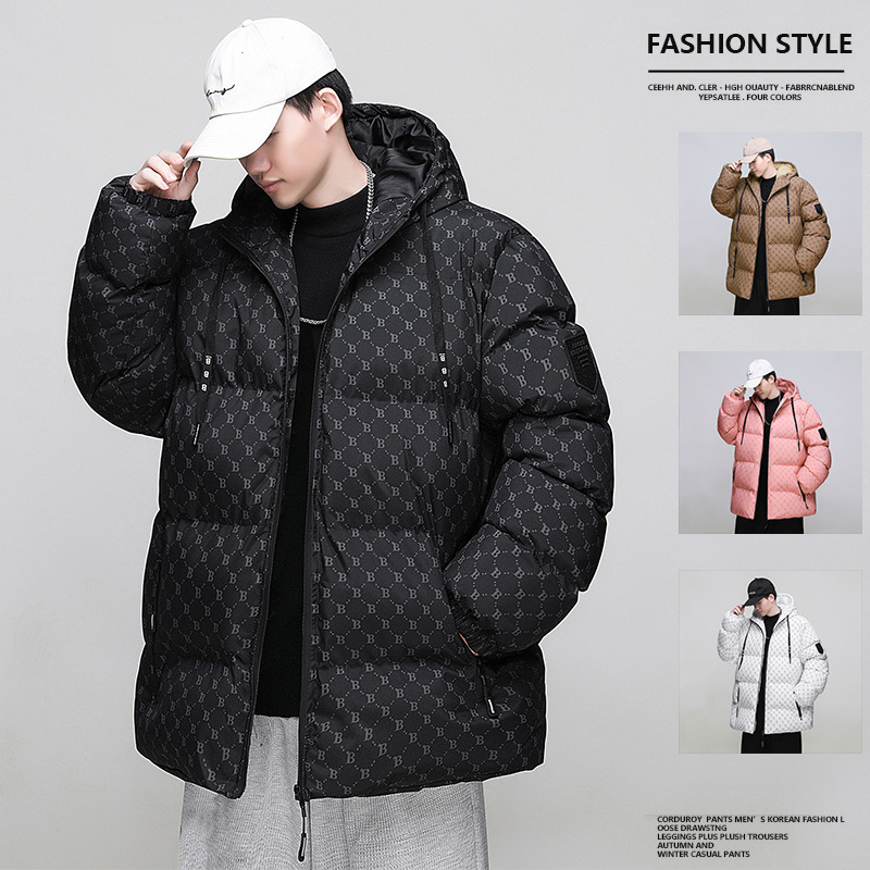 2023 nueva chaqueta acolchada de algodón cálido para hombres de invierno B-word abrigo acolchado de algodón estampado completo chaqueta acolchada de algodón con capucha engrosada para jóvenes ventas directas de fábrica