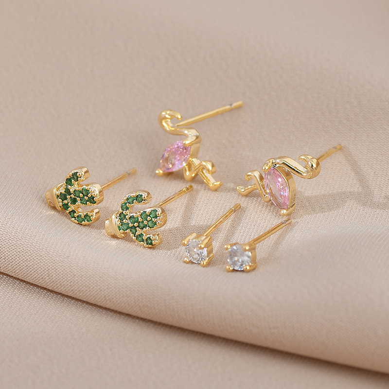 Fashion Cactus Swan Copper Inlay Zircon Ear Studs 1 Set