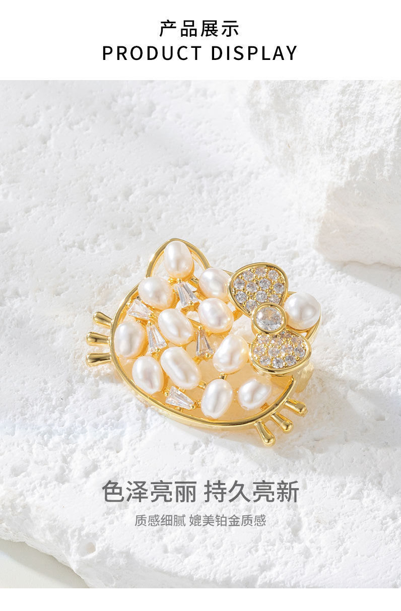 新款韩版迷你可爱猫咪胸针天然淡水珍珠动物胸花小众高