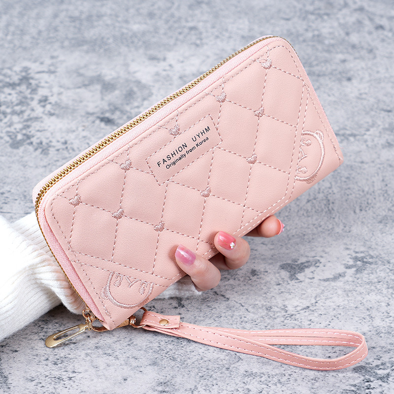New Women's Wallet Long Single Zipper Solid Color Embroidered Hand Bag Large Capacity Coin Purse Multifunctional Mobile Phone Bag