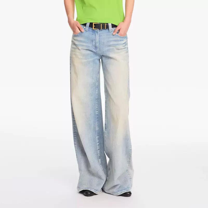 美式复古做旧水洗高腰阔腿牛仔裤女 春夏浅蓝显瘦垂感拖地长裤