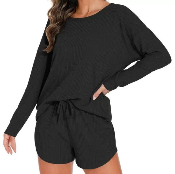 Cross-Border Foreign Trade European and American Women's Clothing Amazon Four-Season Loungewear Round Neck Long Sleeve Drawstring Pocket Set European and American Style