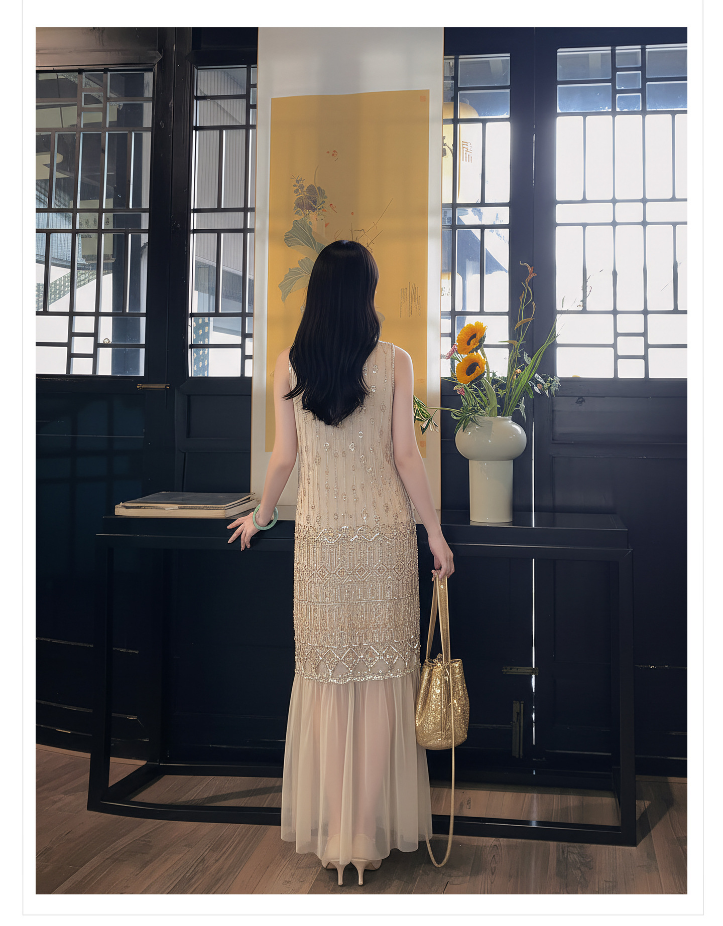 Đầm suông nữ midi không tay phong cách tân cổ điển Trung Quốc, họa tiết sequin lấp lánh — màu trắng ngà chi tiết 11