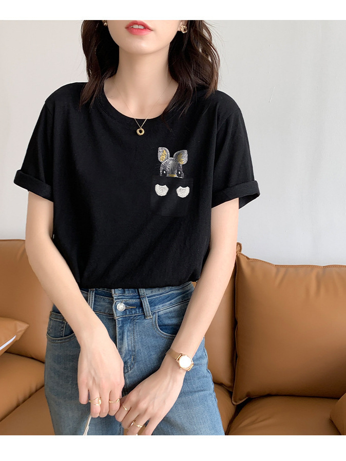 Áo thun nữ cổ tròn tay ngắn họa tiết thêu thỏ dễ thương form rộng — đen