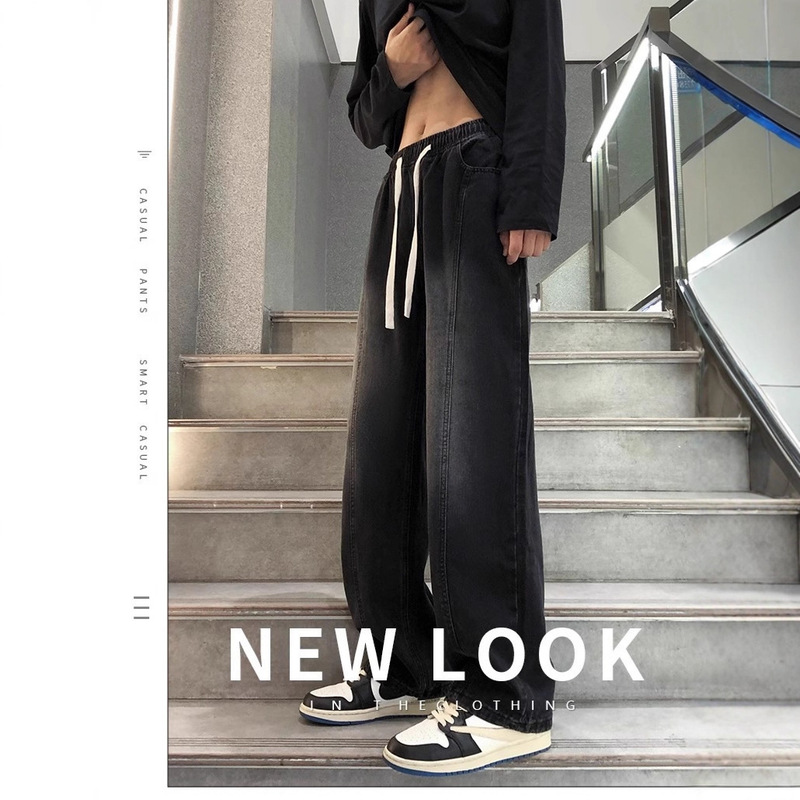 American Retro Elastic Waist Gradient Jeans Men's Spring Design Loose Drape Straight Wide-Leg Long Pants