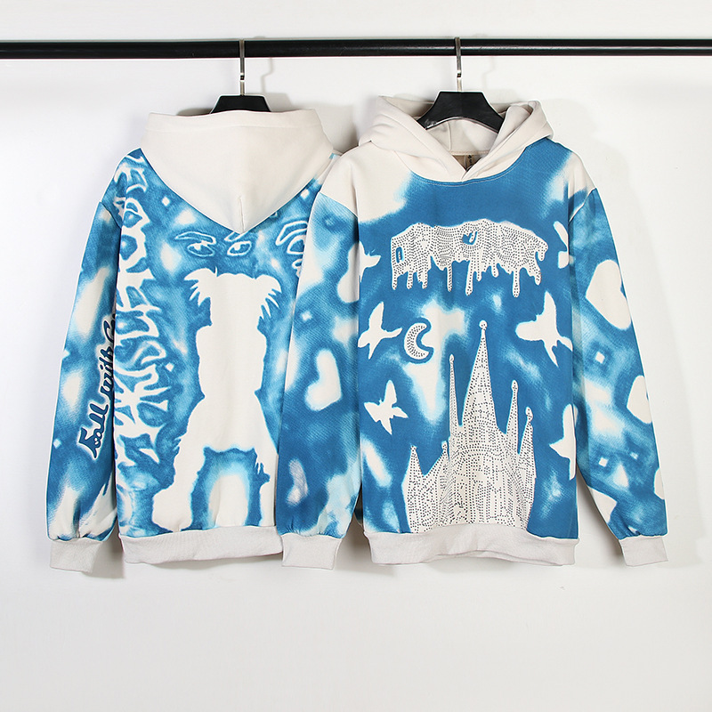 Saf pamuklu ceket çamur boyalı Sky City baskısı Amerikan ana cadde kapüşonlu_voghion.com