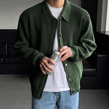墨绿色翻领开衫针织衫外套男韩版个性设计潮流宽松舒适休闲毛衣潮