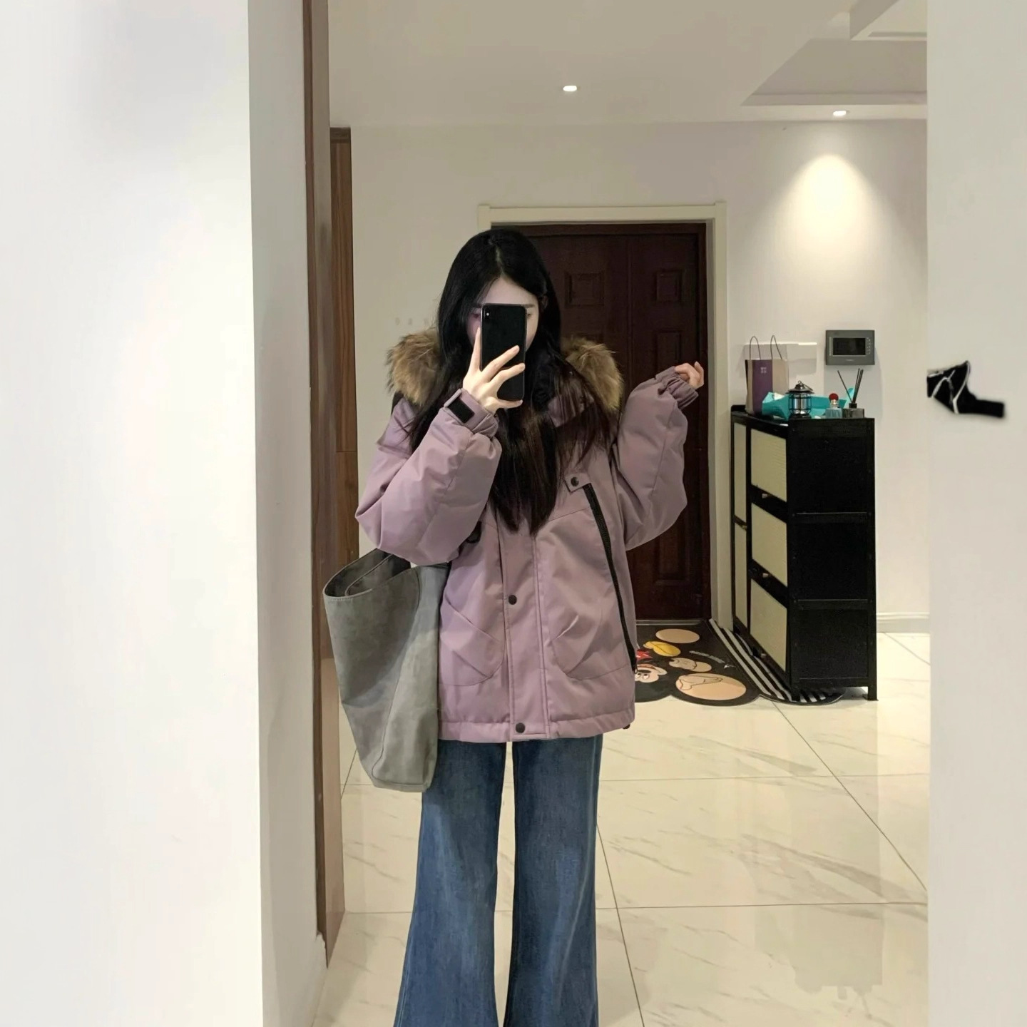 겨울 2025 새로운 두꺼운 따뜻한 후드 대형 모피 칼라 작업복 코튼 자켓 여성용 보라색 파카 다운 코튼 자켓