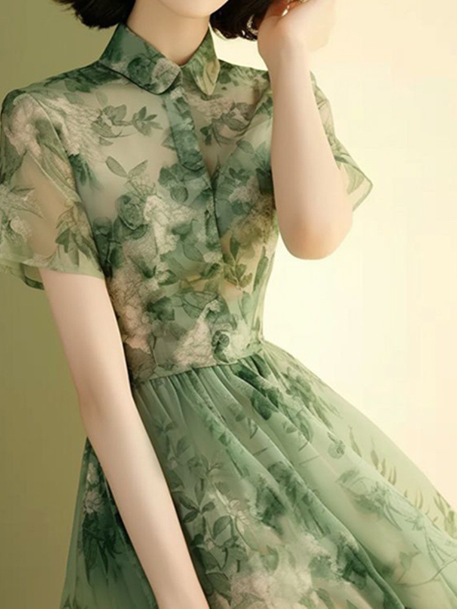 Đầm maxi nữ in hoa xanh dáng suông che bụng kiểu Pháp — váy xanh chi tiết 6