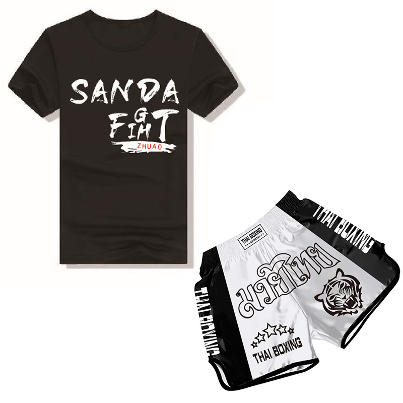 타이거 헤드 화이트 타이 복싱 팬츠 코튼 블랙 SANDA 타이 짧은 소매