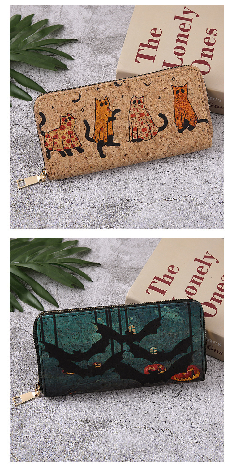 Holiday, Daily Occasion Pu Leather Material Wear-Resistant, Lightweight Function Unisex Pumpkin Bat Pu Leather Side Zipper Wallets
